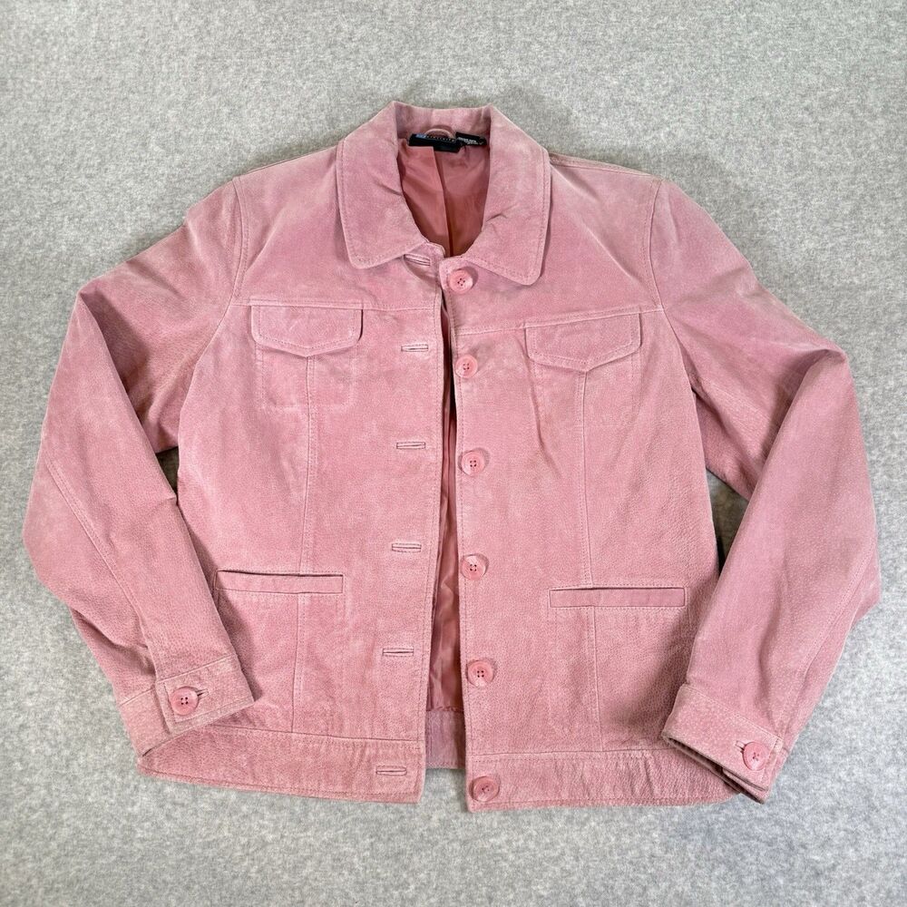 VTG Genuine Leather Jacket Women Pink Suede Lined Button Front L Y2k 90s